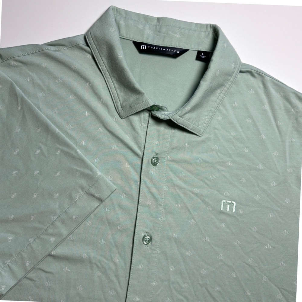 TravisMathew Button Up Golf Shirt Men L Light Green Geometric Print Short Sleeve - Picture 1 of 9
